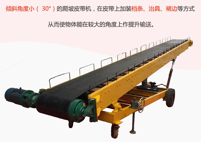 傾斜角度小（ 30°）的爬坡皮帶機，在皮帶上加裝檔條、治具、裙邊等方式從而使物體能在較大的角度上作提升輸送。